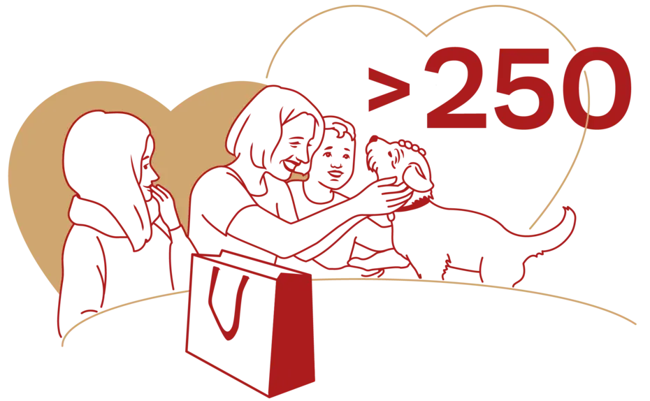 An illustration featuring three figures: a woman and a child interacting with a dog, while another figure is seen in the background. There are two hearts in the design, and the text ">250" is prominently displayed, suggesting a theme related to love and animals.