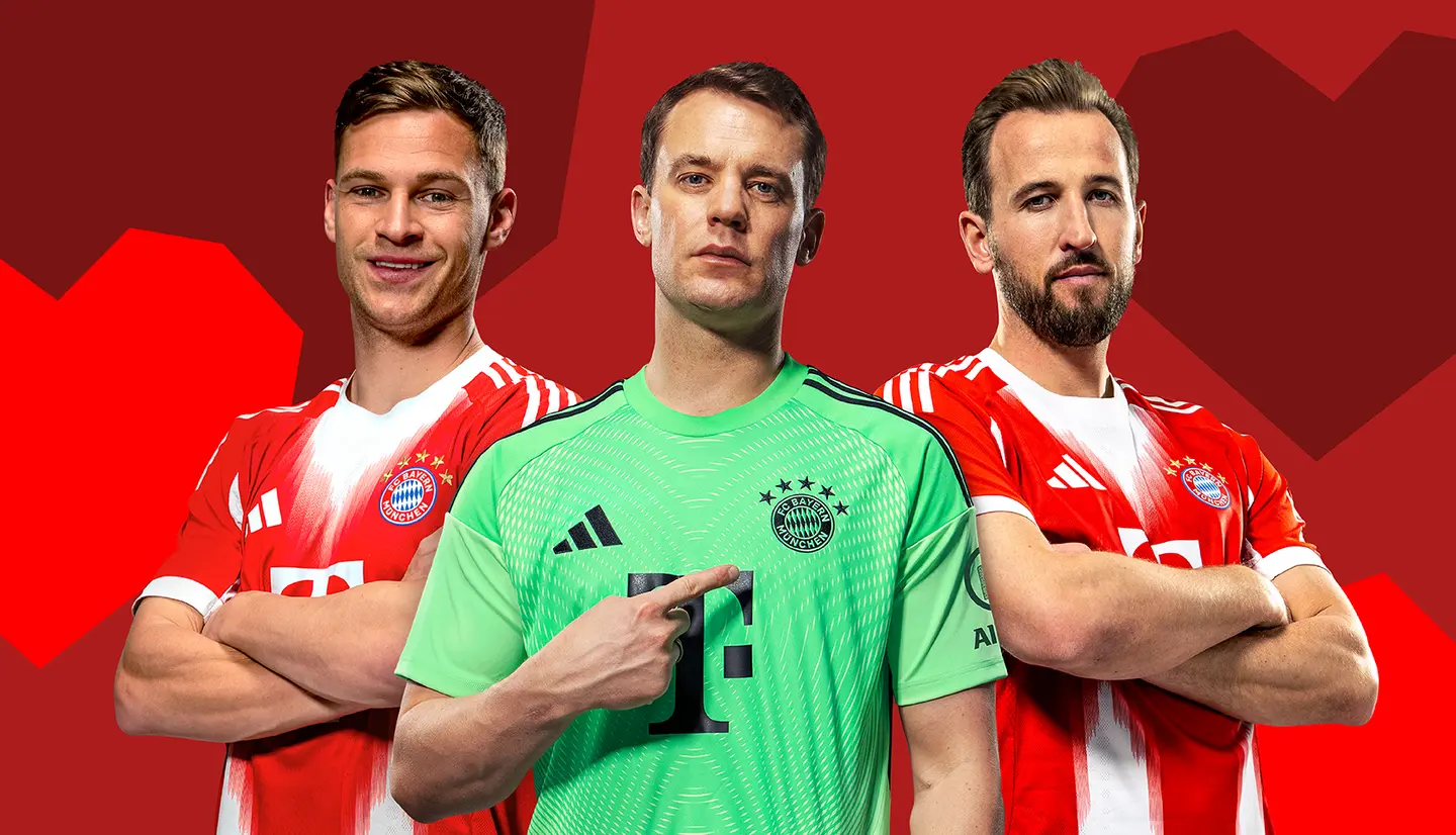 Three football players from Bayern Munich stand confidently against a red background. The central player, a goalkeeper in a green jersey, points to the team's logo on his chest, flanked by two teammates in red jerseys. All exhibit strong, determined expressions.