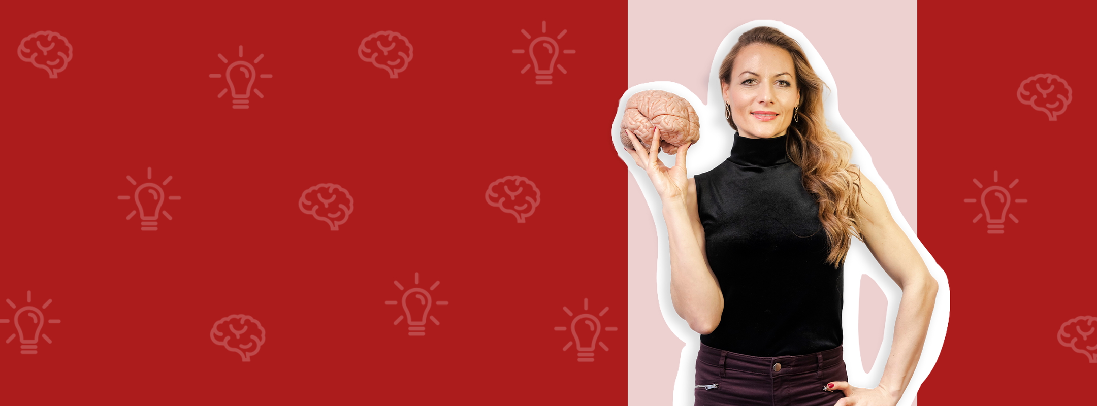 A woman with long hair wearing a black top holds a brain model in her right hand. The background features light bulb and brain icons, suggesting themes of creativity and intelligence. The overall color scheme is red, enhancing the visual impact.