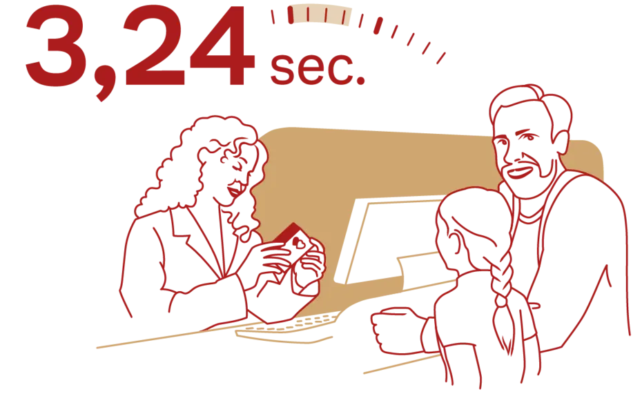A graphic depicting a woman in a blazer interacting with a man and a child at a counter. The text "3,24 sec." is prominently displayed above them, suggesting a quick service or interaction time.